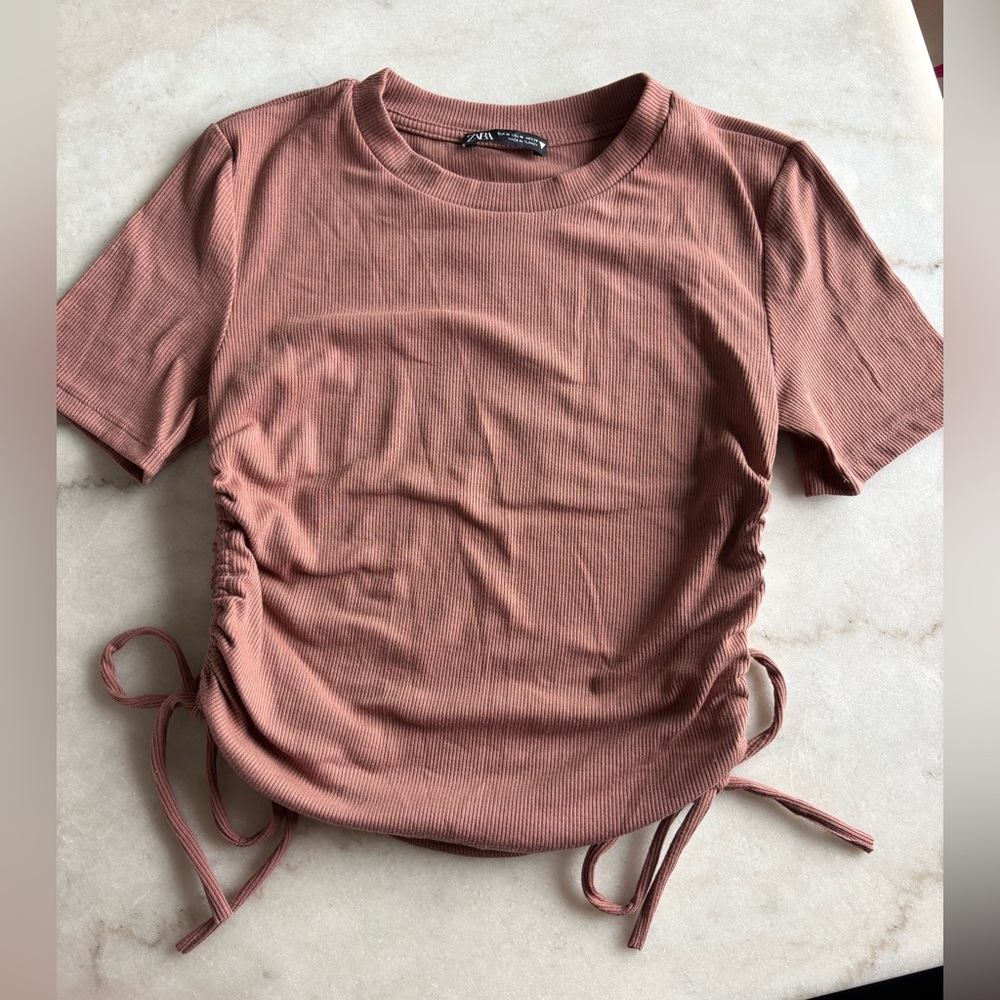 Zara women's dusty rose pink ruched drawstring ribbed top